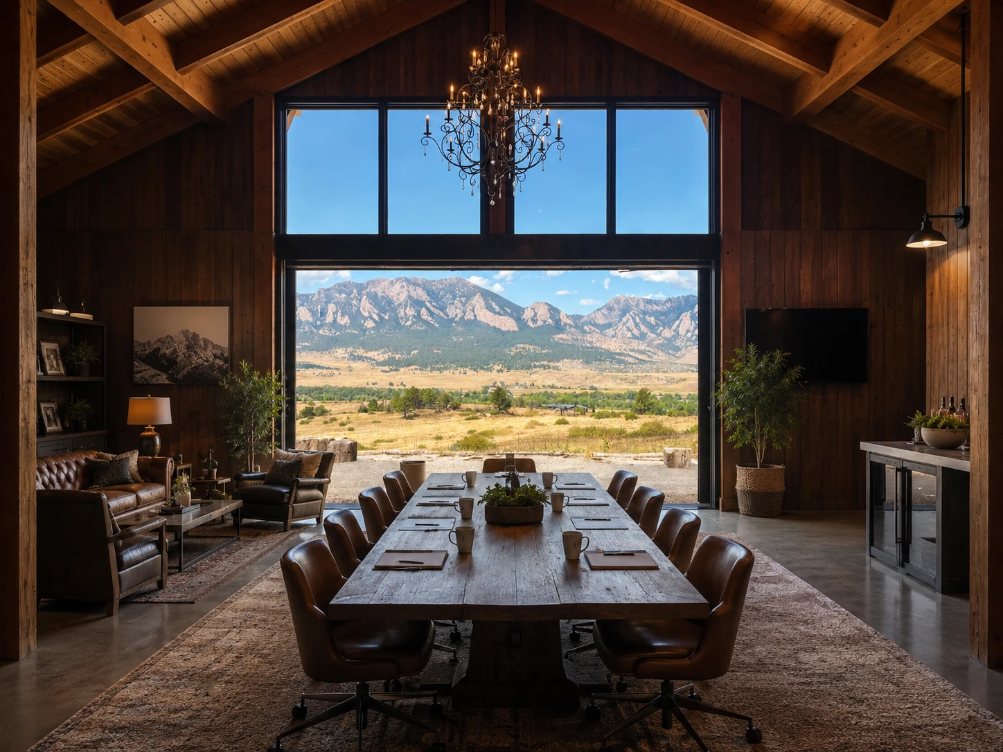 The great room at Whisper Ranch — a long timber-beamed hall with a single table, opening onto the Flatirons